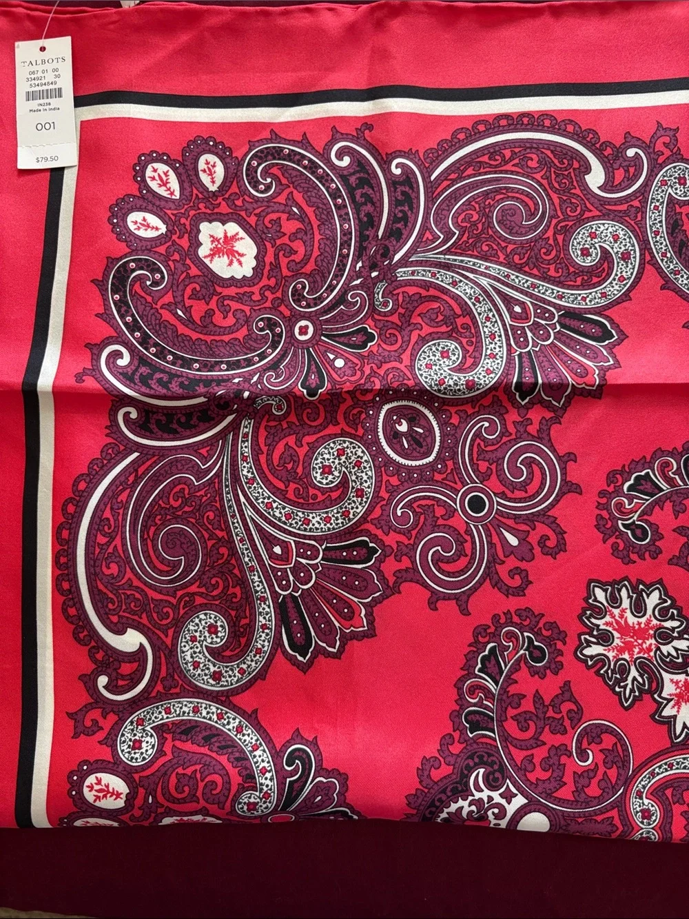 Talbots Vibrant Red Paisley Silk Square Scarf